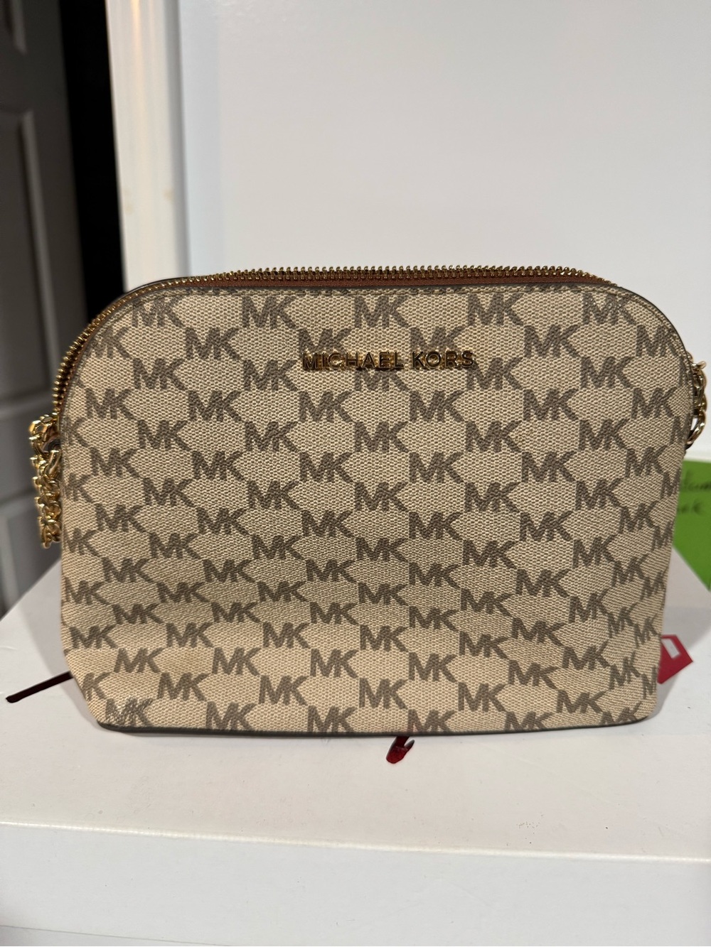 Michael Kors Beige and Tan MK Monogram Crossbody
